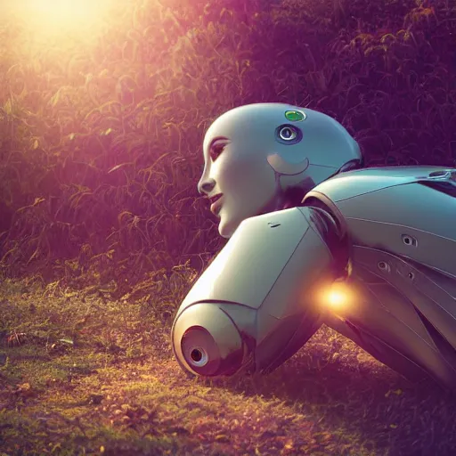 Image similar to side view of a beautiful abandoned human - shaped robot laying on the ground, overgrown foliage taking over it, close - up, 3 5 mm, biopunk, bokeh, beautiful, lens flare, emotional, sweet, flowers, detailed, picture, trending on artstation, award - winning, shiny, golden, angle view, octane render