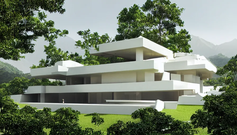 Image similar to white temple house inspired by tibetan and modernist architecture, on a green hill, overlooking a valley with trees, frank lloyd wright, realistic render, birdseye view