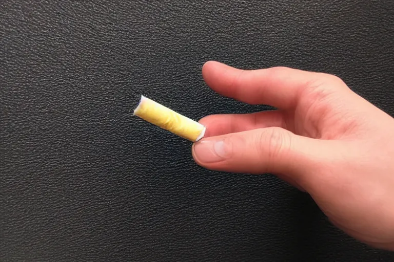 Image similar to Close-up of cigarette in five fingers, thin soft hand holding cigarette, hyper realistic, photographic style