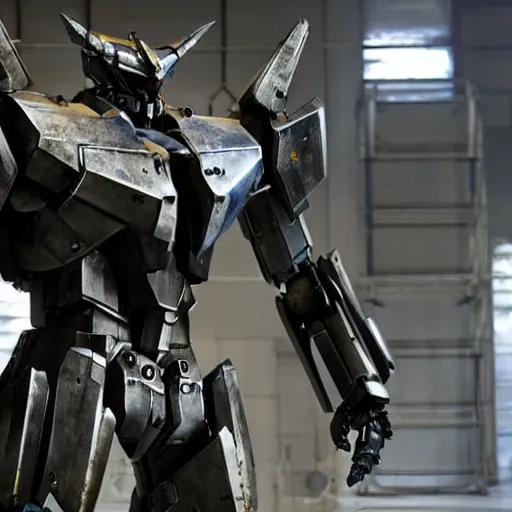 Image similar to cinematic still in real steel movie and westworld and pacific rim movie, one full body ornate humanoid gundam armored core mech by fujioka kenki and by mamoru nagano