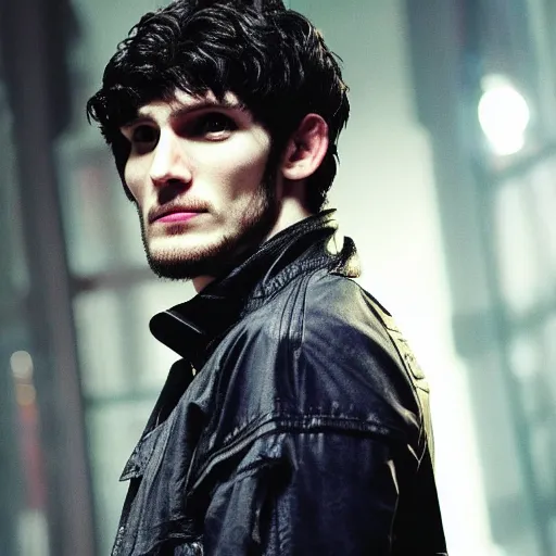 Image similar to Colin Morgan as Cyberpunk Merlin