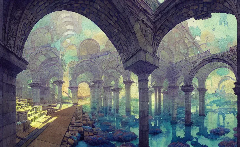 Image similar to tiled room squared waterway, aqueducts, fantasy. intricate, amazing composition, colorful watercolor, by ruan jia, by maxfield parrish, by marc simonetti, by hikari shimoda, by robert hubert, by zhang kechun, illustration, gloomy