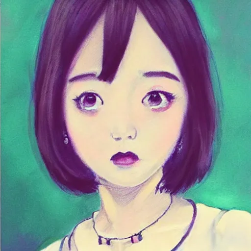 Image similar to a pretty young girl of 2 5, japanese, with big eyes, short shoulder - length hair and a suit ， paintingby sam yang and trnyteal