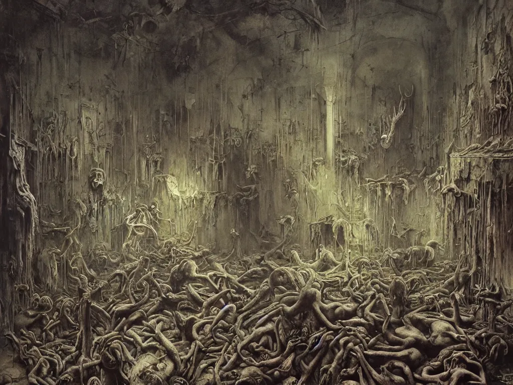 Prompt: an eerie painting of a cacophony of demons sacrificing humans in a grungy derelict georgian manor interior with colourful graffiti on the walls and garbage scattered on the floor, reclaimed by nature by zdzisław beksinski, wayne barlowe, hr giger, luis royo, agostino arrivabene