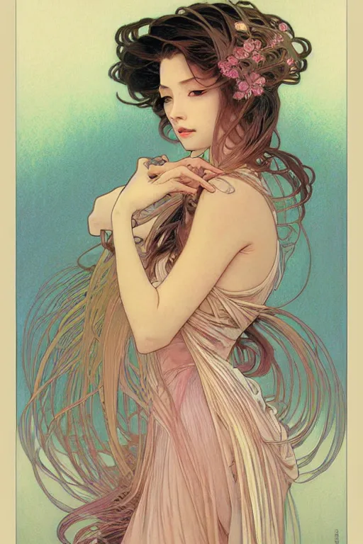 Prompt: beautiful portrait pastel painting of a female, blush, pleated skirt, flowing hair, slim face, elegant, alphonse mucha, by yoichi hatakenaka, masamune shirow, josan gonzales and dan mumford, ayami kojima, takato yamamoto, barclay shaw, karol bak, yukito kishiro