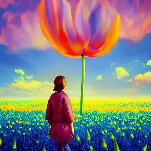 Image similar to girl with singular giant tulip as a head, surreal photography, flower field, sunset dramatic light, impressionist painting, colorful clouds, blue sky, digital painting, artstation, simon stalenhag