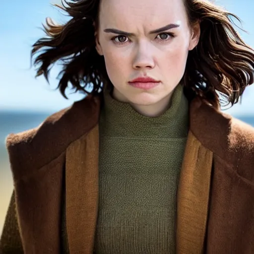 Image similar to a still of daisy ridley a beautiful model looking off into the distance, wavy medium - length brown hairs, jedi dress, beautiful green eyes, medium shot, beautiful perfect face, with a soft, natural light falling on her face. the focus is on her eyes and brows, which are perfectly shaped and well - defined. by annie leibowitz