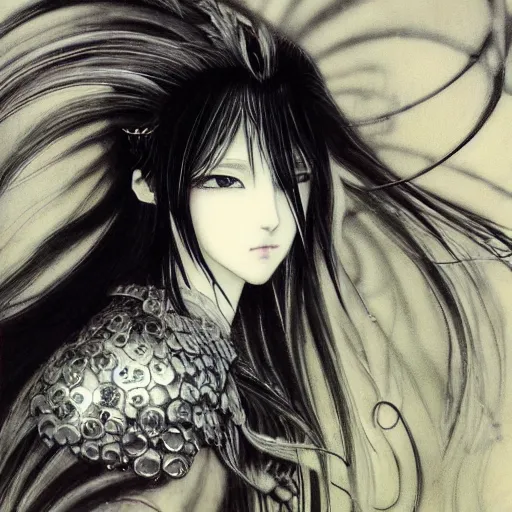 Image similar to yoshitaka amano blurred and dreamy illustration of an anime girl with black eyes, wavy white hair fluttering in the wind wearing elden ring armor and crown with engraving, abstract black and white patterns on the background, noisy film grain effect, highly detailed, renaissance oil painting, weird portrait angle, blurred lost edges, three quarter view