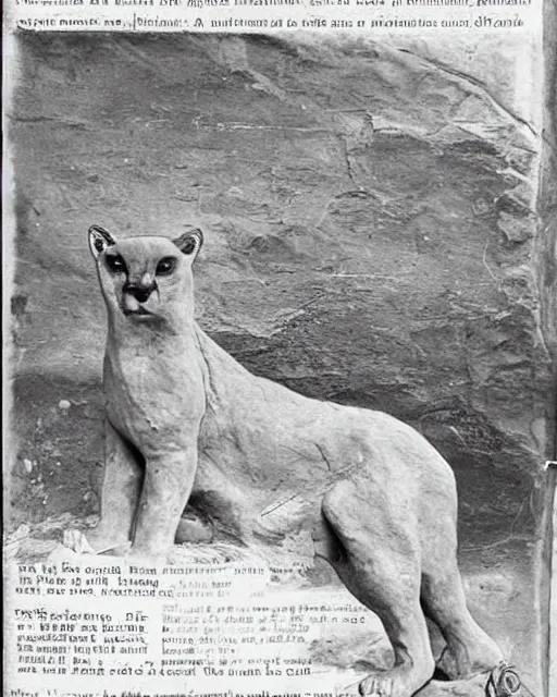 Prompt: a history textbook page with of a picture of 'clay sculpture of a giant cougar', clay sculpture, photograph, zoomed out, trending on tumblr, textbook page