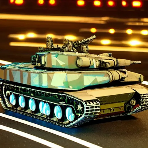 Prompt: M1 Abrams tank with holographic paint on a Tokyo highway at night