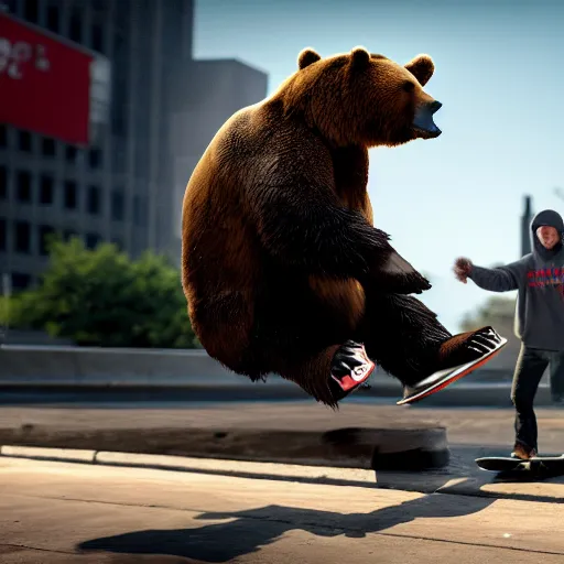 Image similar to a bear rips off tony hawk's legs, photograph, hyper realistic, outdoors, midafternoon, 4 k, artstation, unreal engine, cinematic