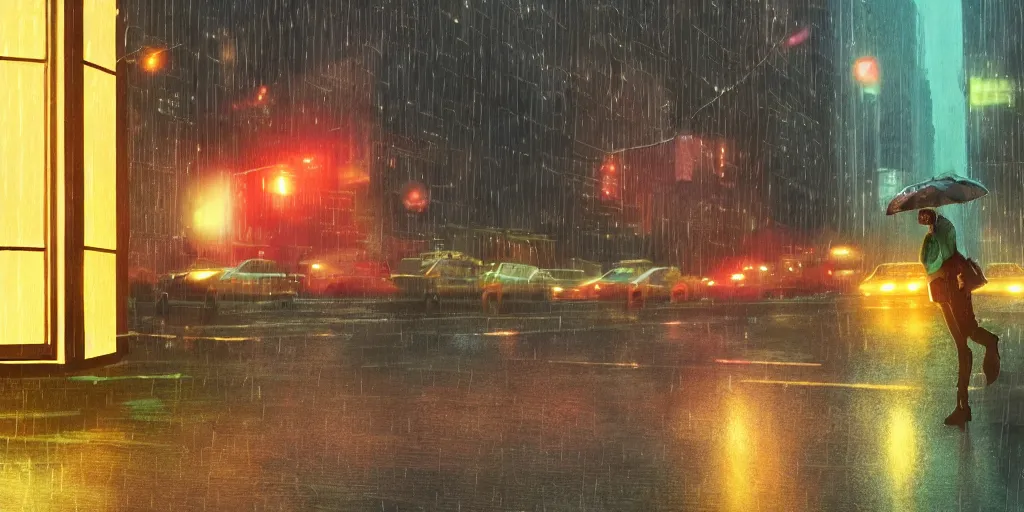 Image similar to a ultra photorealistic film still trough a raincovered window on a rainy but colourful day in new york. sparkling lights, wide shot, frog perspective, ultra sharp, wes anderson, studio ghibli, pixar and disney animation, octane render, anime key art by greg rutkowski, dramatic lighting, award winning photography