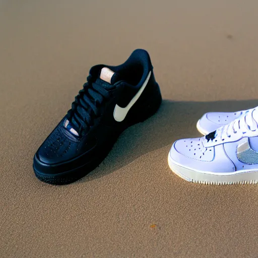 Image similar to person photographs his white nike air force one sneaker on a beach, color film photography, 3 5 mm, pov