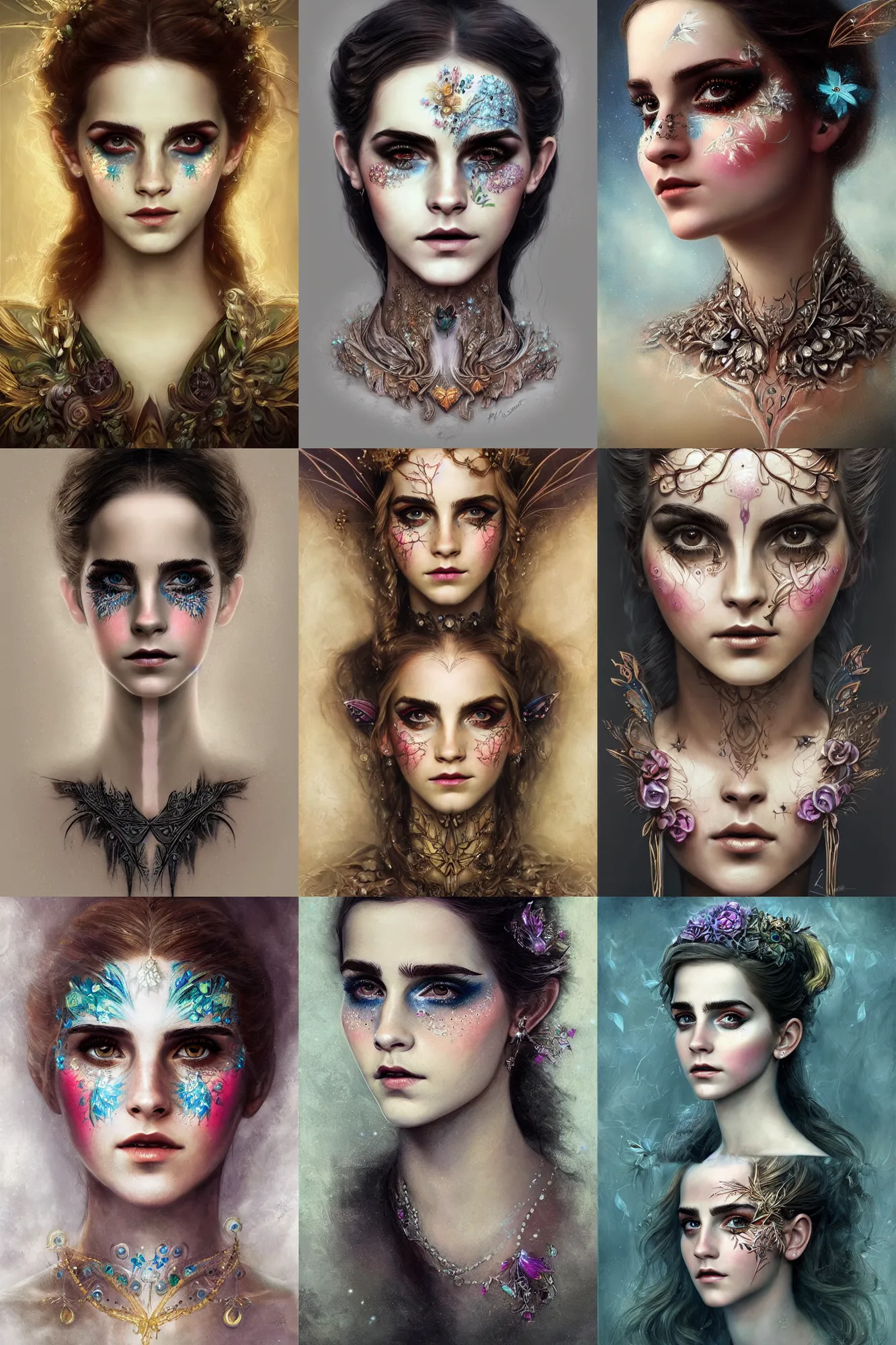 Prompt: portrait of a fairy, symmetric, facepaint facepaint facepaint, intricate jewelry, trending on artstation 4 k, in the style of karol bak and tom bagshaw, bust with face of emma watson, surprised expression