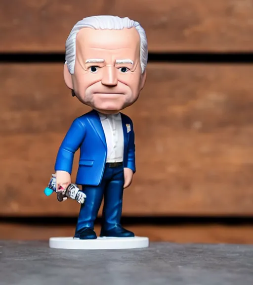 Image similar to portrait photo of joe biden as a funko pop figurine with a gatling gun. Macro photography.