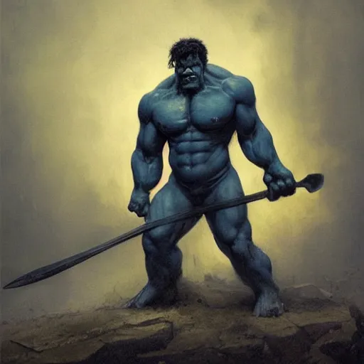 Image similar to artstation concept a midnight blue hulk holding an axe, dusty brown background, grotesque face, hyperdetailed, artstation trending, world renowned artists, worth 1 0 0 0. com, historic artworks society, antique renewel, cgsociety, by greg rutkowski, by gustave dore, deviantart