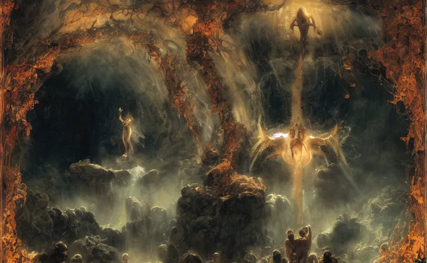 Image similar to alvah angelrune water portal to hell located in heaven, crowd of people, rule of thirds, 4 k, dark bright effect, highly detailed painting by gaston bussiere, craig mullins, j. c. leyendecker, michelangelo