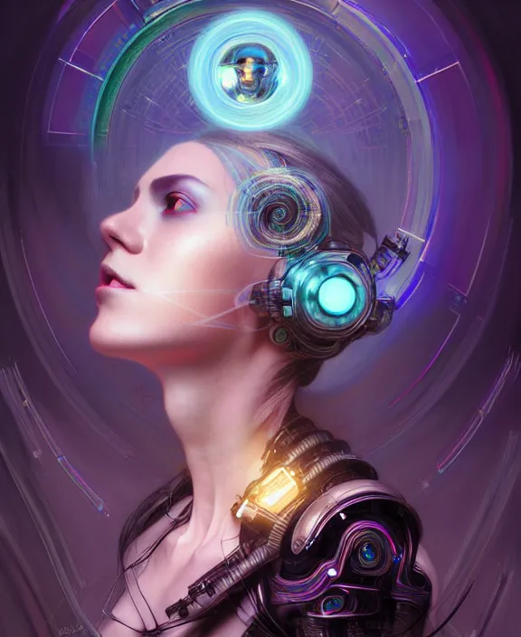 Image similar to a whirlwind of souls rushing inside the metaverse, hologram, half body, neurochip, shaved temple, piercing, jewelry, android, cyborg, cyberpunk face, by loish, d & d, fantasy, intricate, elegant, highly detailed, colorful, digital painting, artstation, concept art, art by artgerm and greg rutkowski and alphonse mucha