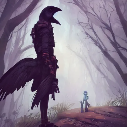 Image similar to concept art painting of a person with a head of a crow, with steampunk clothes, in the deep forest, realistic, detailed, cel shaded, in the style of makoto shinkai and greg rutkowski and james gurney