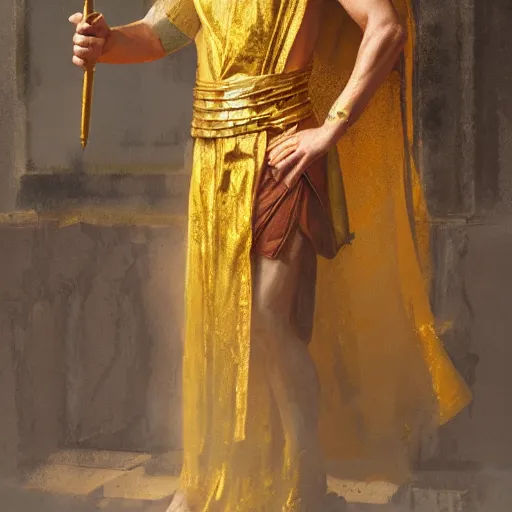 Prompt: Portrait of a noble person wearing a golden toga and crossing his arms, fantasy, medieval, highly detailed, Artstation, painting by greg rutkowski