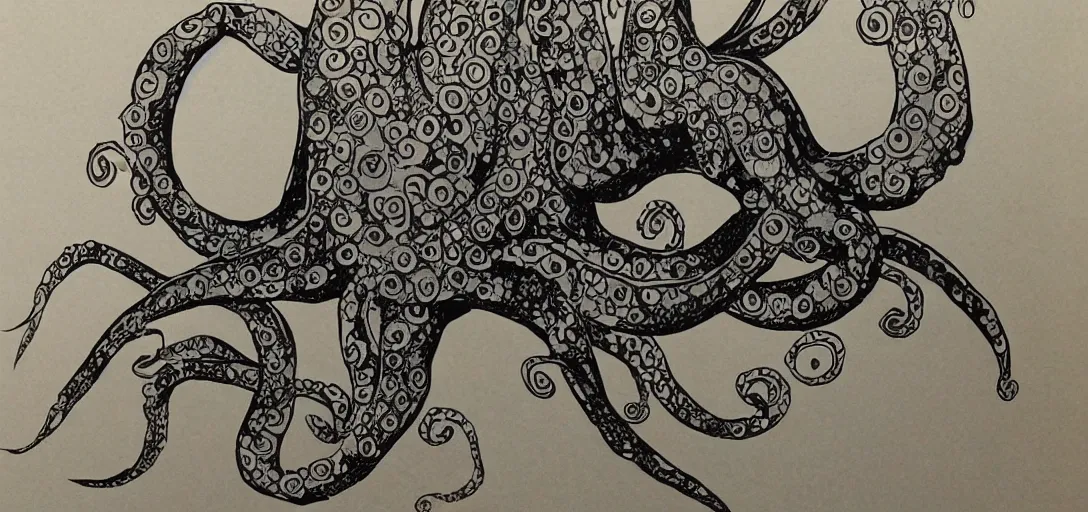 Image similar to children's book illustration of a sad octopus made of ornate paper cutouts by james gurney