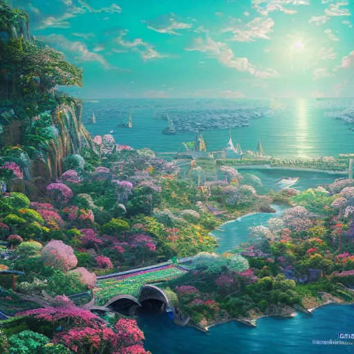 Image similar to the aesthetic view of the beautiful, grand, wistful, dreamy lonely island at dusk, hyperrealistic anime illustration by iralki nadar, colorful, extremely detailed, intricate linework, super sharp focus, bright colors, octopath traveler, studio ghibli, unreal engine 5 highly rendered, global illumination, radiant light, detailed and intricate environment