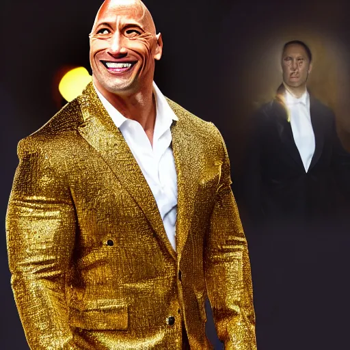 Image similar to dwayne the rock johnson wearing a expensive suit made entirly of gold walking down the run way, 3 5 mm, paparazzi photo, dazzling lights, dramatic lighting, photorealistic, cinematic scene, super detailed, hyper realistic, bright lights