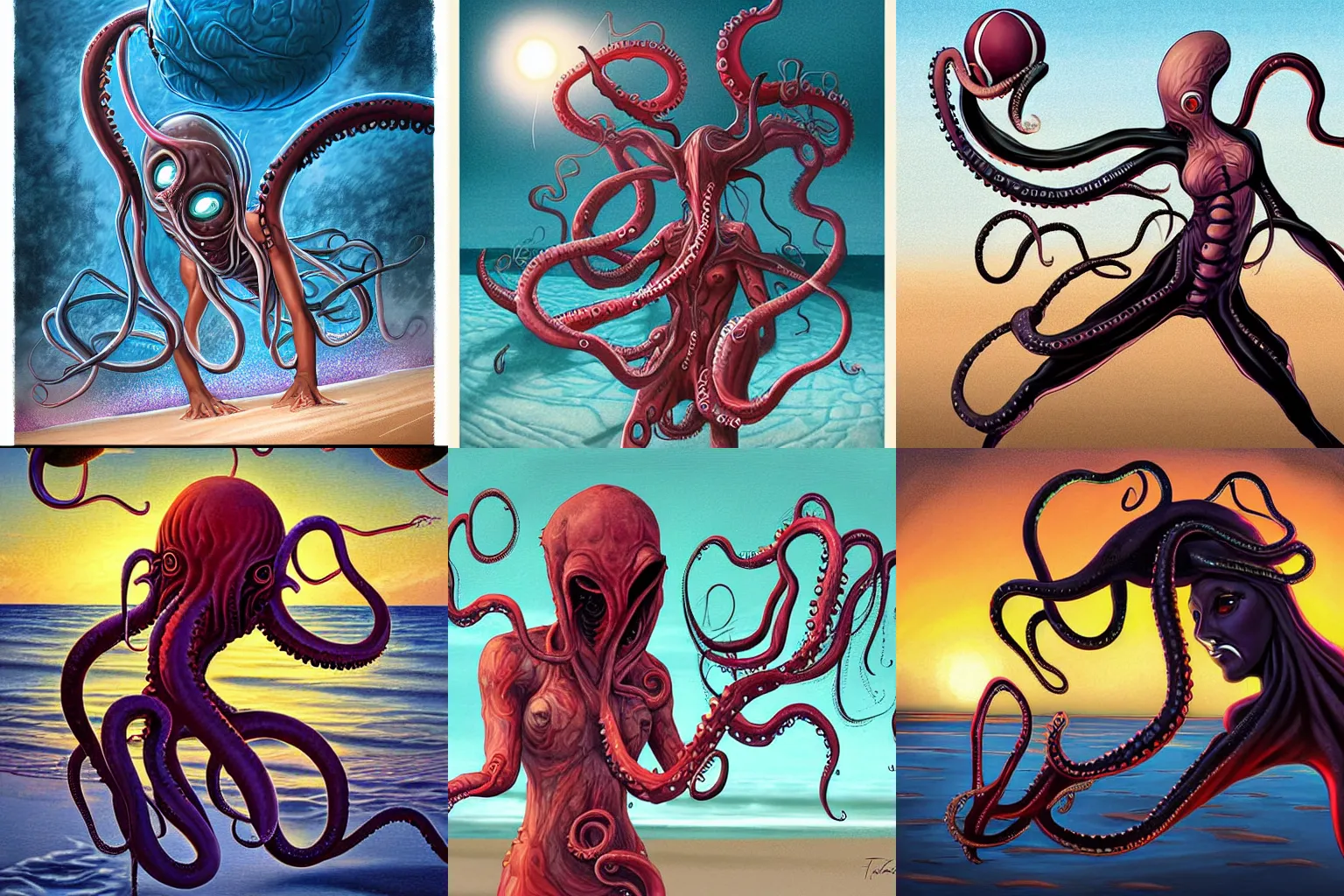 Prompt: A digital painting by Todd Lockwood of a female mind flayer using her tentacles to play beach volleyball