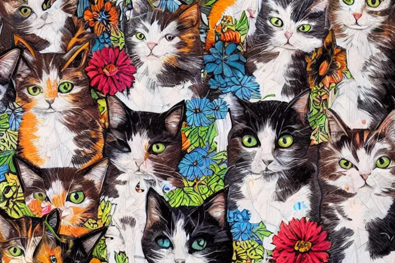 Prompt: a group of cat by Sandra Chevrier, colorful geometric pattern, flowers, plants