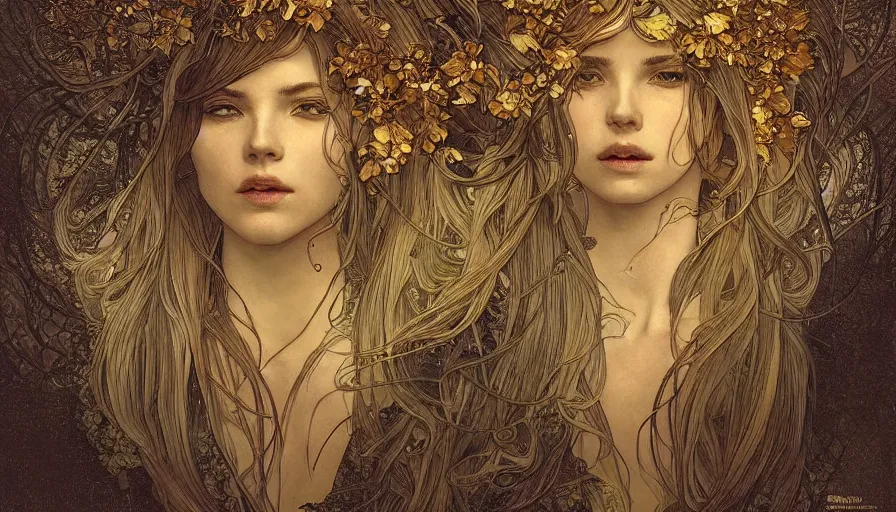 Image similar to golden leaves at frame border, creative!!! composition for a book cover!!!, absurdly beautiful, ultrafine hyperrealistic detailed old!! witch face by wlop and alphonse mucha and greg rutkowski, intricate linework, sharp focus, smooth, octopath traveler, final fantasy, unreal engine, dramatic lighting, ethereal, 8 k