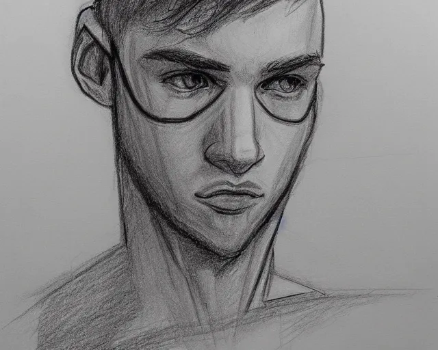 Image similar to draft drawing of a european young man covering face with fabric mask, draft sketch, trending on artstation, context art, pencil sketch, high detail