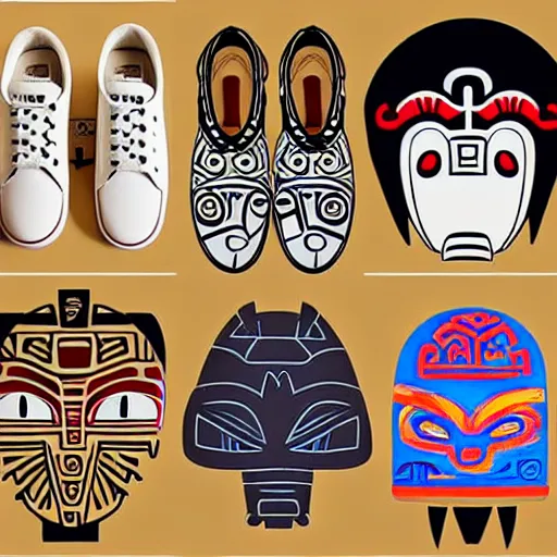 Image similar to sneaker design designed by studio ghibli, aztec mayan street fashion native punk sneaker design, majora's mask, wearing wooden mask, hip hop sneaker design with subtle mayan patterns, gapmoe yandere grimdark, trending on pixiv fanbox, painted by greg rutkowski makoto shinkai takashi takeuchi studio ghibli, akihiko yoshida