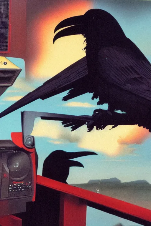 Image similar to a raven observing 8 0 s era technology, vintage shapes, retro technology, harsh color, wayne barlow, oil on canvas, deep depth of field, masterpiece, cinematic composition, hyperdetailed