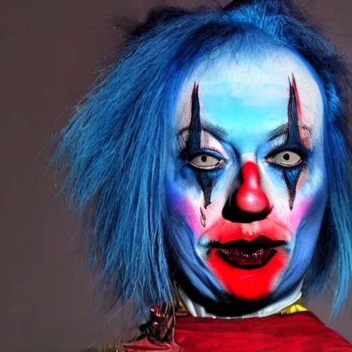 Image similar to a person with blue hair and a clown makeup, a photorealistic painting by cindy sherman, dribble, plasticien, horror film, antichrist, creepypasta