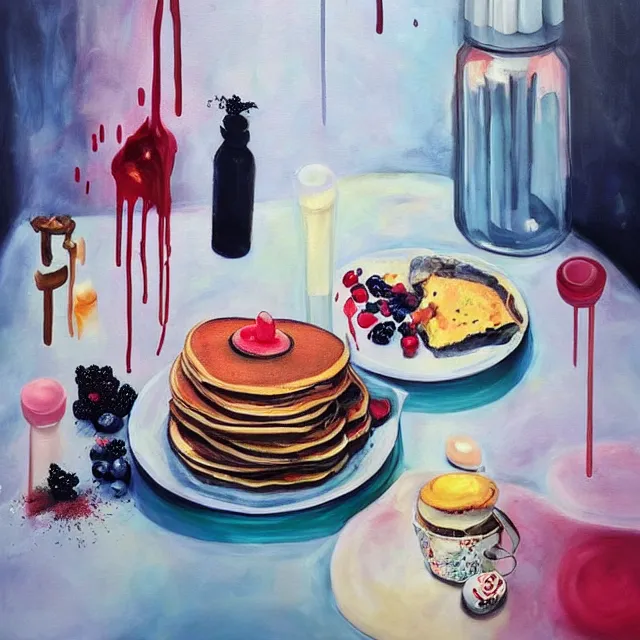 Image similar to “ sensual, neo - expressionism, surrealism, a portrait in a female art student ’ s apartment, pancakes, berries, art supplies, a candle dripping white wax, berry juice drips, acrylic and spray paint and oilstick on canvas ”