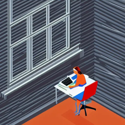 Prompt: isometric flat art of a woman writing at a desk looking out the window