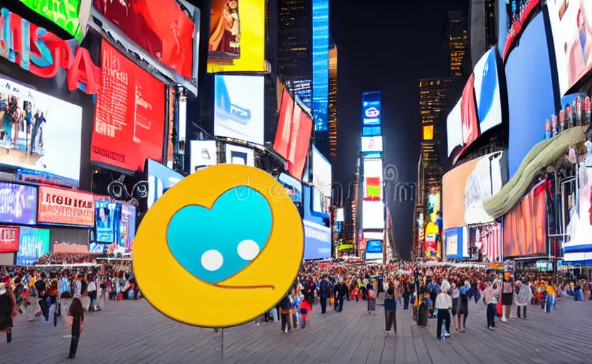 Image similar to a 2d sad emoji stock photo in Times Square, photograph