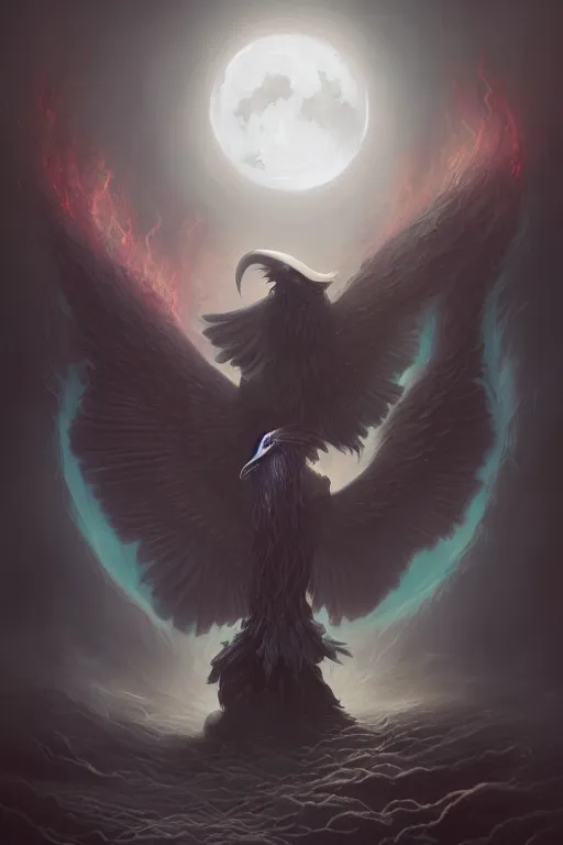 Prompt: ominous raven by peter mohrbacher and agostino arrivabene, dark fantasy art, swirling feathers, beautiful full moon, detailed thick black swirling volcano smoke tornado, particles, fire embers, artstation