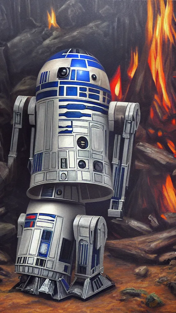 Prompt: an oil painting of r 2 - d 2 sitting by the fire at the ewok encampment. color harmony, 8 k detail, gallery quality, hd wallpaper, premium prints available, hyper - detailed, intricate design.