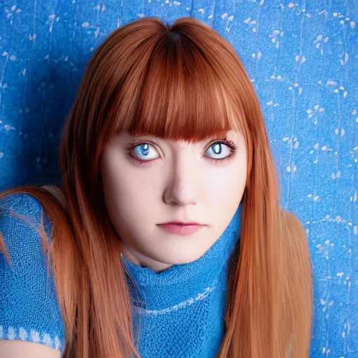 Image similar to (anime girl), steel blue symmetric eyes ,sitting on simple IKEA chair, 24yo, studio, 35mm, annie leibowit