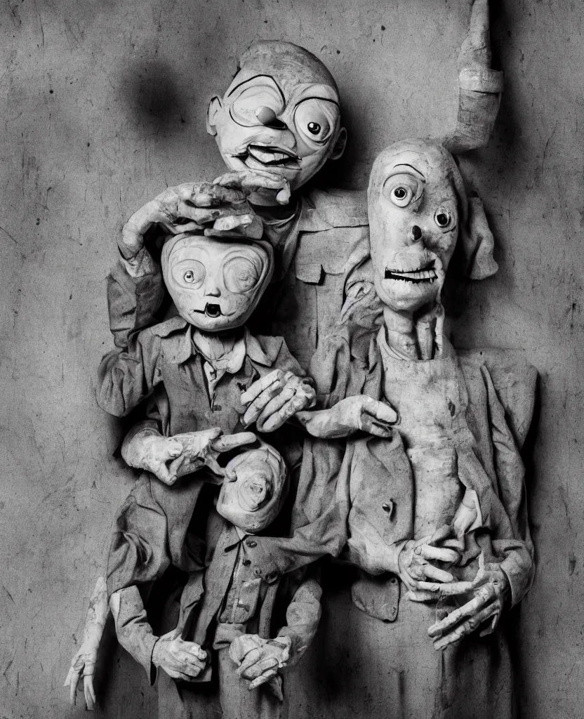 Image similar to movie poster with a creepy ventriloquist dummy in the style of roger ballen, 4 k, bw, portrait