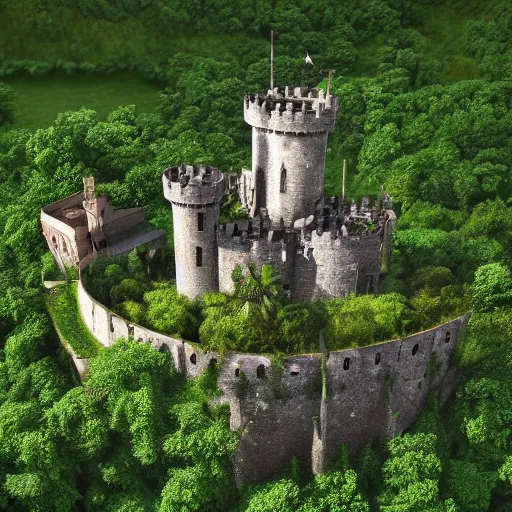 Prompt: medieval castle covered in lush vegetation, matte painting, puffy clouds, 4k, sharp focus, highly detailed