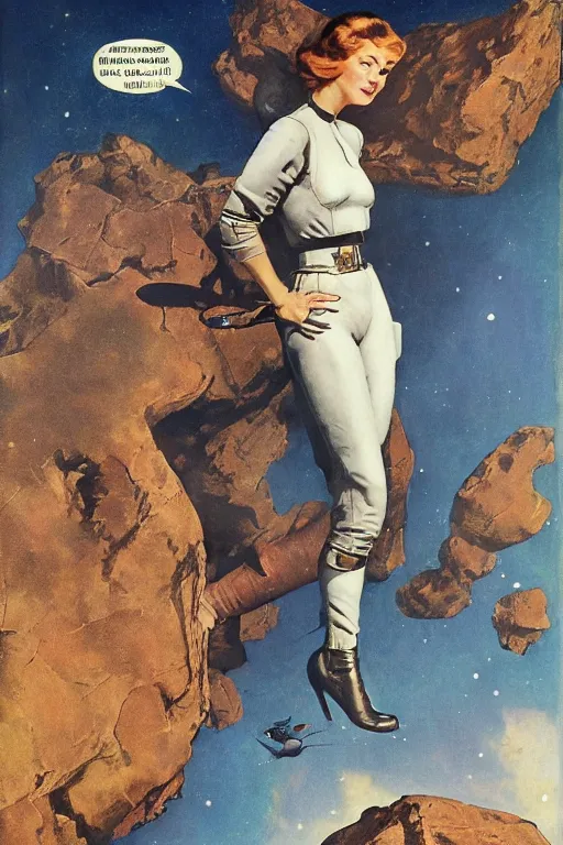 Prompt: 5 0 s pulp scifi fantasy illustration full body portrait slim woman in leather spacesuit on rocky mars, by norman rockwell, roberto ferri, daniel gerhartz, edd cartier, jack kirby, howard v brown, ruan jia, tom lovell, frank r paul, jacob collins, dean cornwell, astounding stories, amazing, fantasy, other worlds