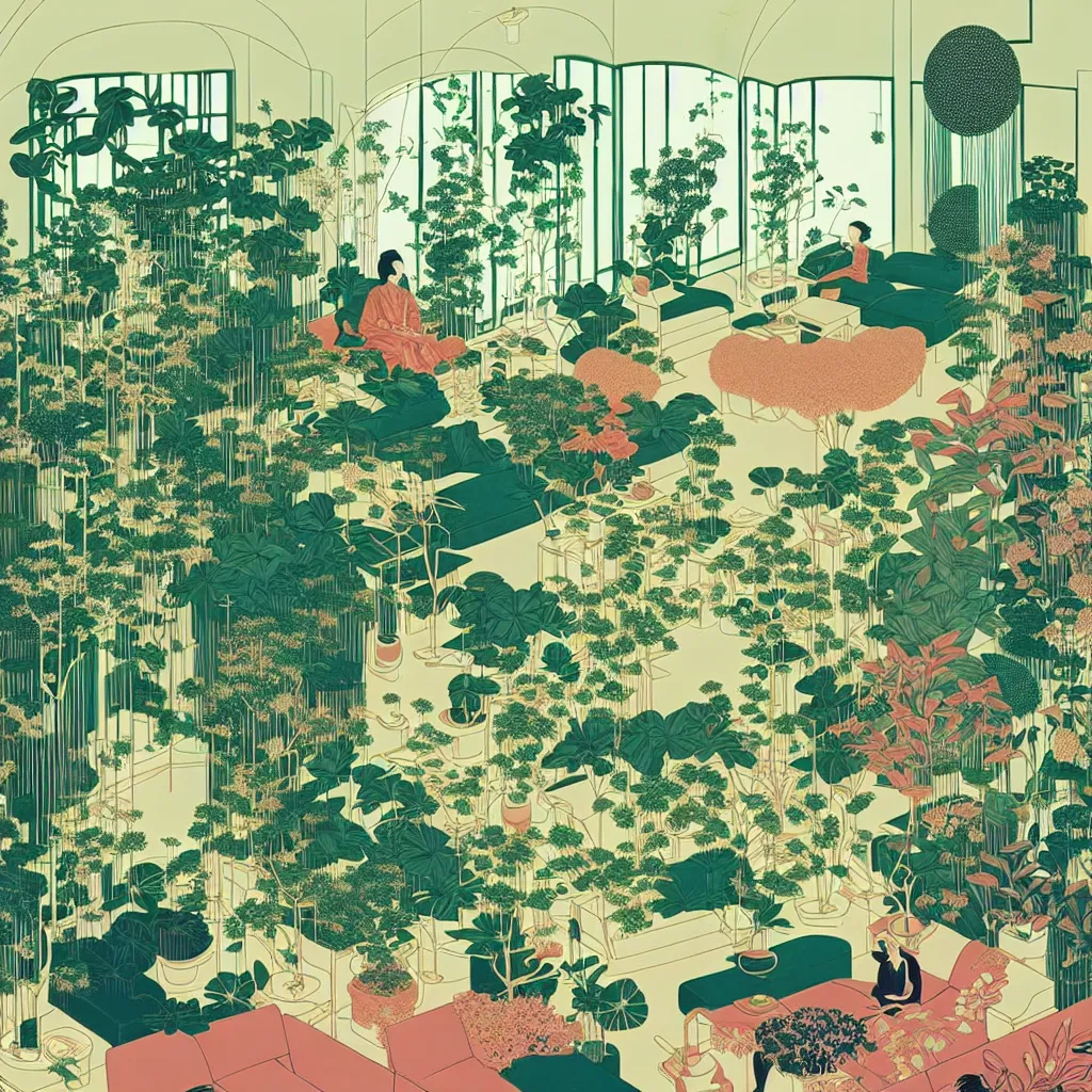 Prompt: luxury living room full of plants and trees by victo ngai