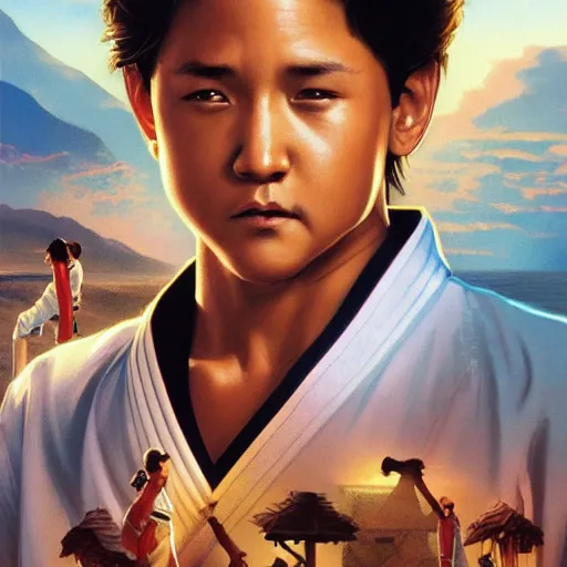 Prompt: karate kid, movie poster, miyagi, intricate, detailed, volumetric lighting, scenery, digital painting, highly detailed, artstation, sharp focus, illustration, artstation, art by artgerm and greg rutkowski and alphonse mucha