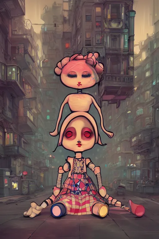 Prompt: cell shaded cartoon of a sad patchwork doll sitting in the middle of a crowded city street, retro future, elegant baroque, concept art, highly detailed, sharp focus, dark retrowave, trending on artstation, hq, deviantart