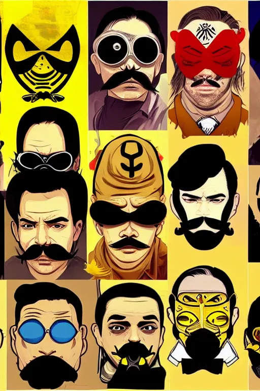Prompt: gang saints wear yellow bandanas, and some of them have thick mustaches, their eyes are sharp, pop art style, dynamic comparison, proportional, professional art, bioshock art style, gta chinatowon art style, hyper realistic, face and body clarity, complicated, intricate, concept art, art by argerm dan richard hamilton
