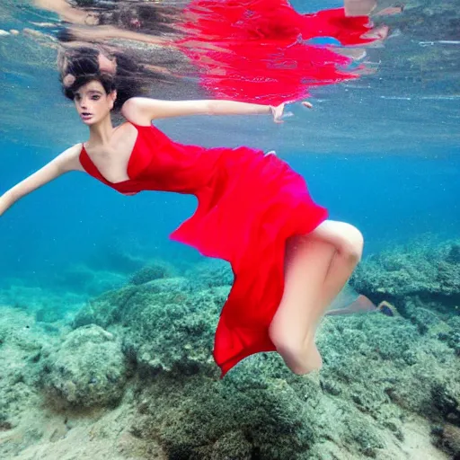 Image similar to fashion model girl in red silk underwater