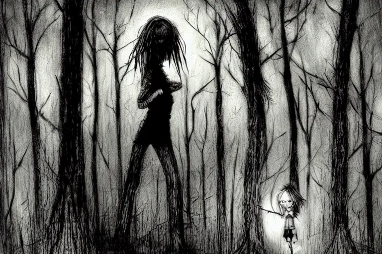 Prompt: mad girl wandering the woods artwork by ben templesmith