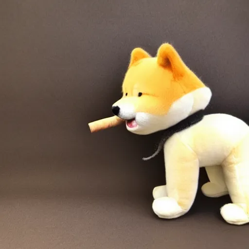 Image similar to a giant plushy shiba inu smoking a cigar, fluffy, soft, photo realistic, highly detailed,